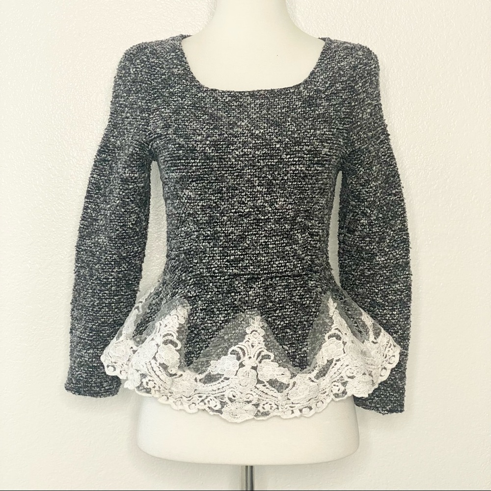 Tweed Peplum Sweater with Lace Trim